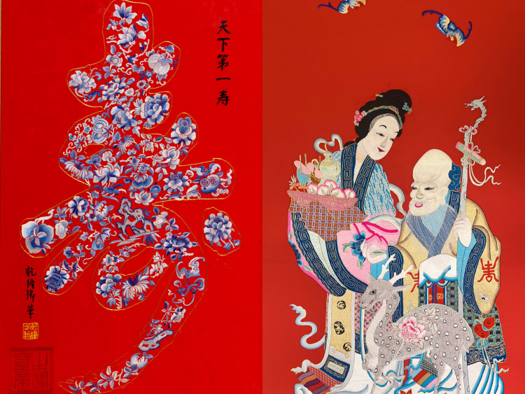 河北唐县:一针一线绣出乡村新画卷_fororder_现场展出的两幅作品照片。苏培摄