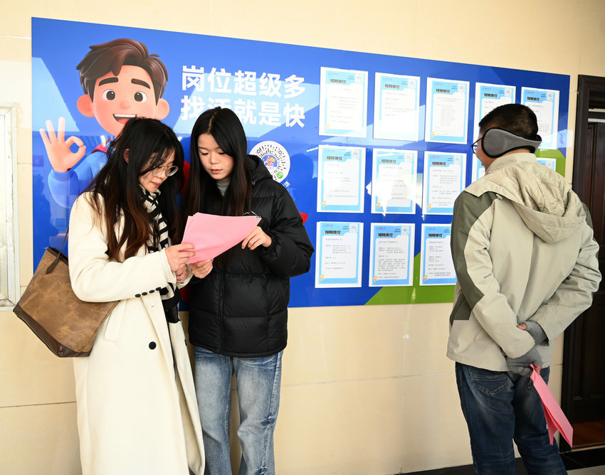 信阳新县:“职引未来”汇聚人才力量_fororder_求职者正在看招聘信息(焦汉平 摄)