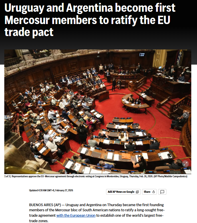闪评 | 乌拉圭和阿根廷批准南共市-欧盟自贸协定 拉美和欧盟的合作进入新阶段了吗?