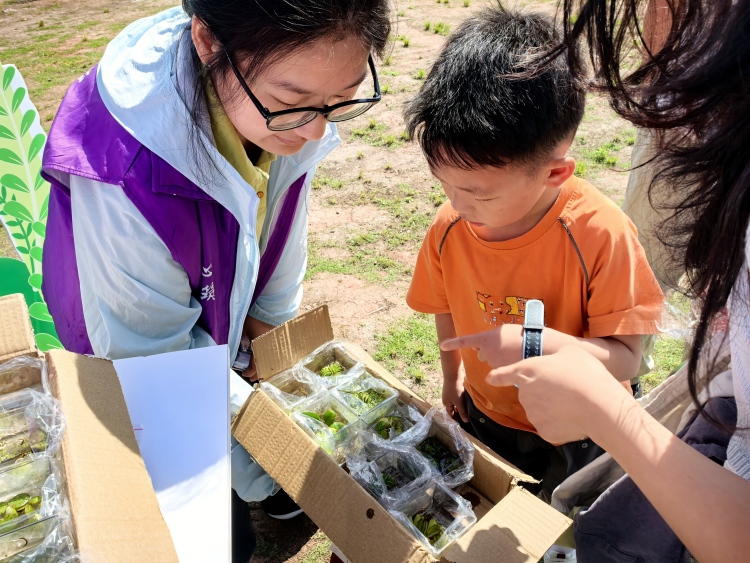 重庆城市科技学院开展“青春筑益，砼筑生态”石梁湖生态湿地公园志愿服务活动_fororder_图4为志愿者们为小朋友介绍并赠送植物