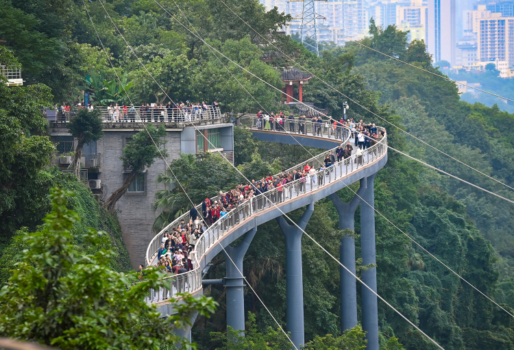 重庆渝中：半山崖线鹅岭栈桥开放首日人气爆棚