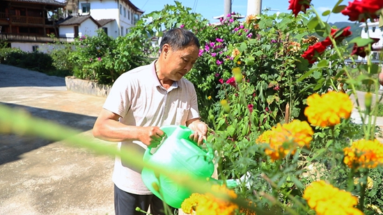 贵州丹寨：人居环境焕新颜 乡村振兴谱新篇_fororder_摆泥村村民杨正林在自家庭院里浇花 赵唯茜摄