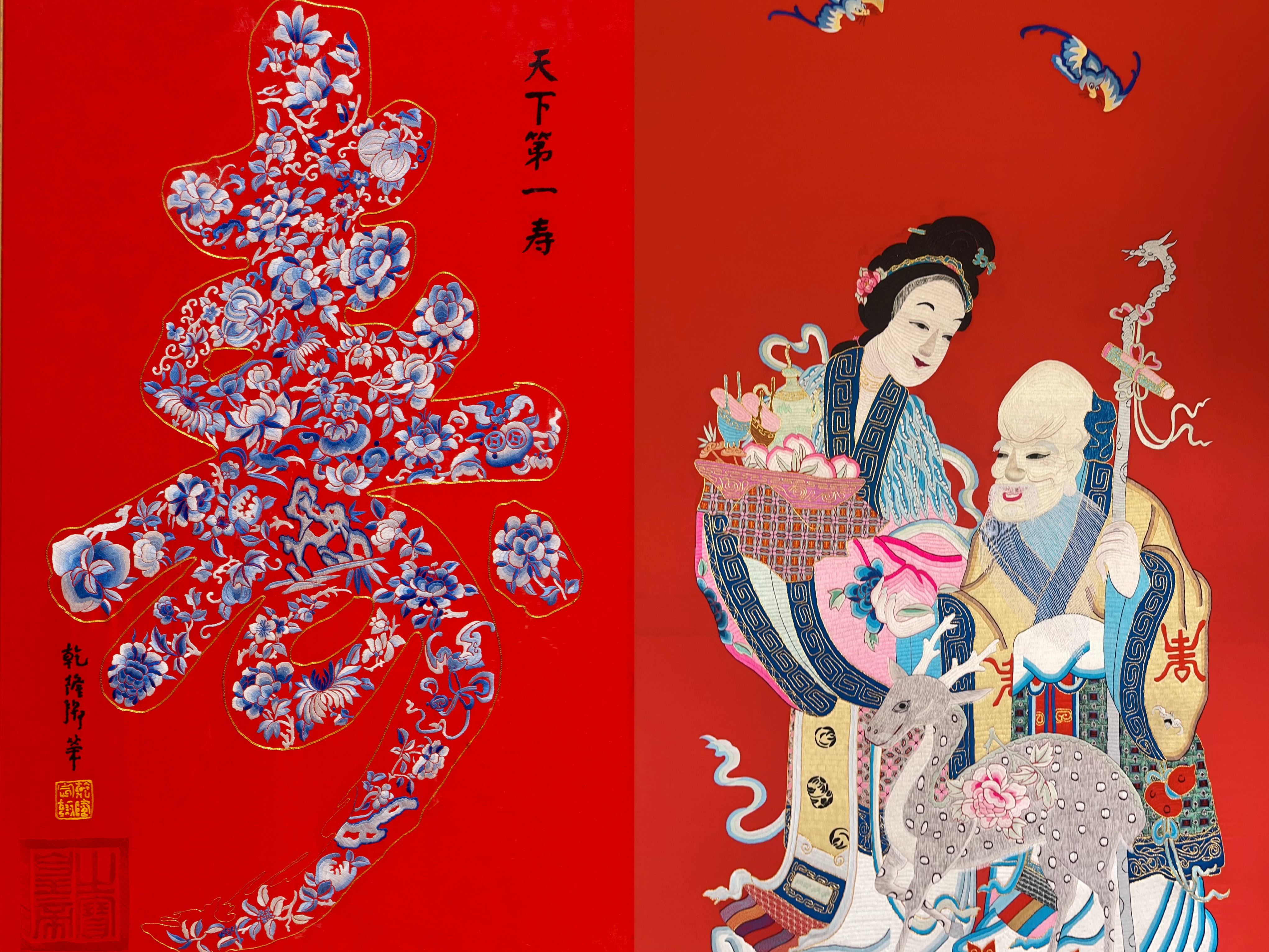 河北唐县：一针一线绣出乡村新画卷_fororder_现场展出的两幅作品照片。苏培摄