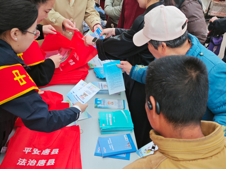 河北唐县：普法“赶庙会” 法治入人心_fororder_宣传人员为群众发放宣传资料