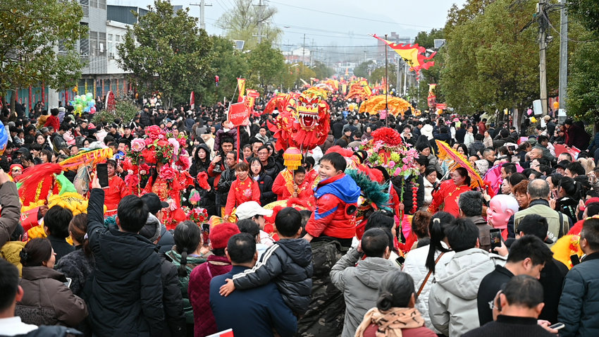 信阳市新县：豫南民俗文化展演热闹启幕_fororder_街头的热闹狂欢（焦汉平 摄）