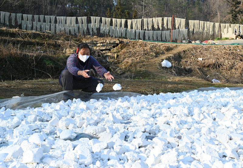 信阳市新县：“冬闲”变“冬忙” 手工粉条富农家_fororder_村民正在晾晒红薯淀粉（焦汉平 摄）