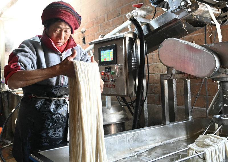 信阳市新县：“冬闲”变“冬忙” 手工粉条富农家_fororder_村民正在制作红薯粉条（焦汉平 摄）