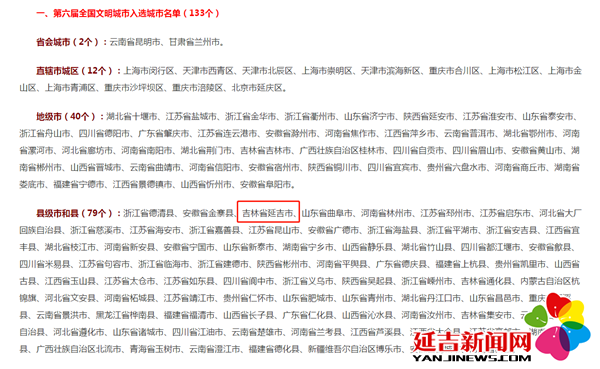 第六届全国文明城市入选名单公布 延吉上榜