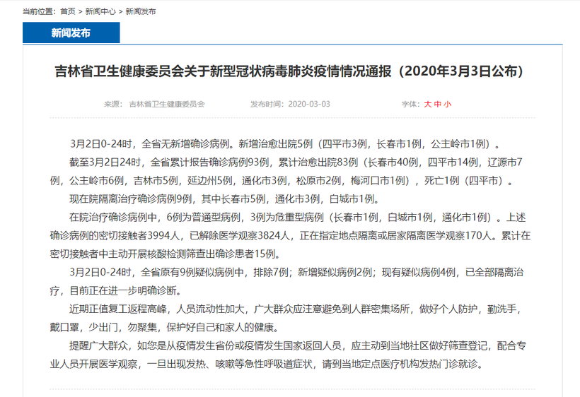 吉林省新型冠状病毒肺炎疫情无新增确诊病例 累计确诊病例93例