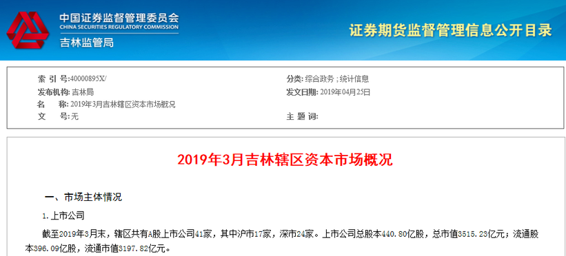 截至3月末 吉林省A股上市公司共有41家