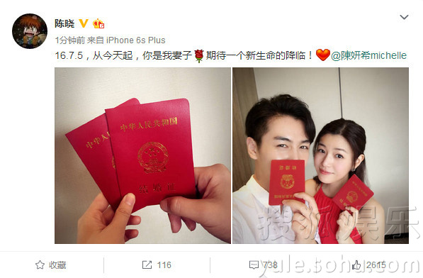 陈晓晒结婚照宣布陈妍希已怀孕：期待新生命