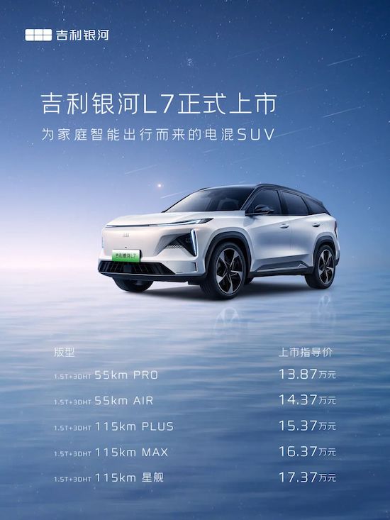 新一代电混SUV上市 吉利银河L7 13.87万起售_fororder_image001