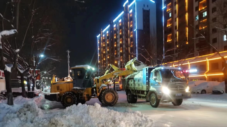 河北保定：全力应对寒潮雨雪天气_fororder_20日晚上，环卫工人出动铲雪机械除雪。崔彪摄