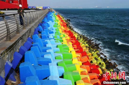 青岛海湾现炫彩防浪石 石堤色彩似彩虹