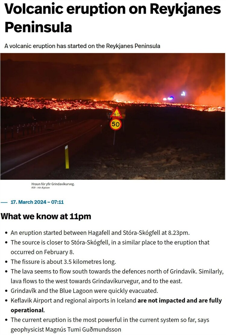 火山再次喷发 冰岛红色“泼天”