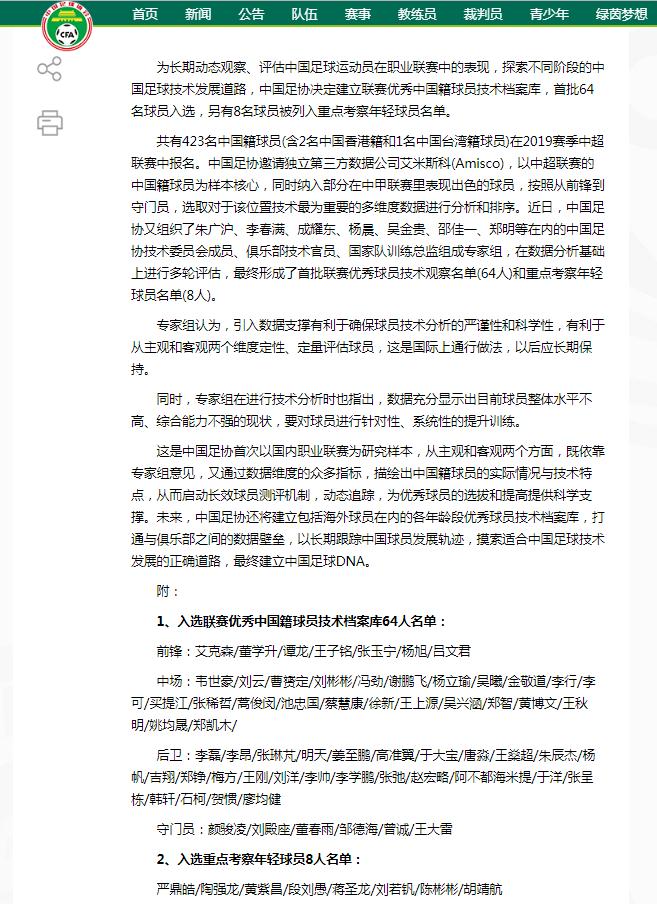 足协建联赛优秀中国籍球员技术档案库 72人入选
