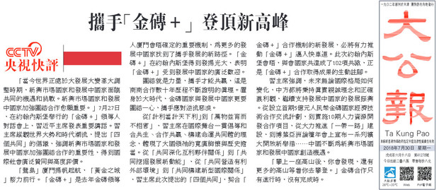 港媒转发央视快评：携手“金砖+” 登顶新高峰