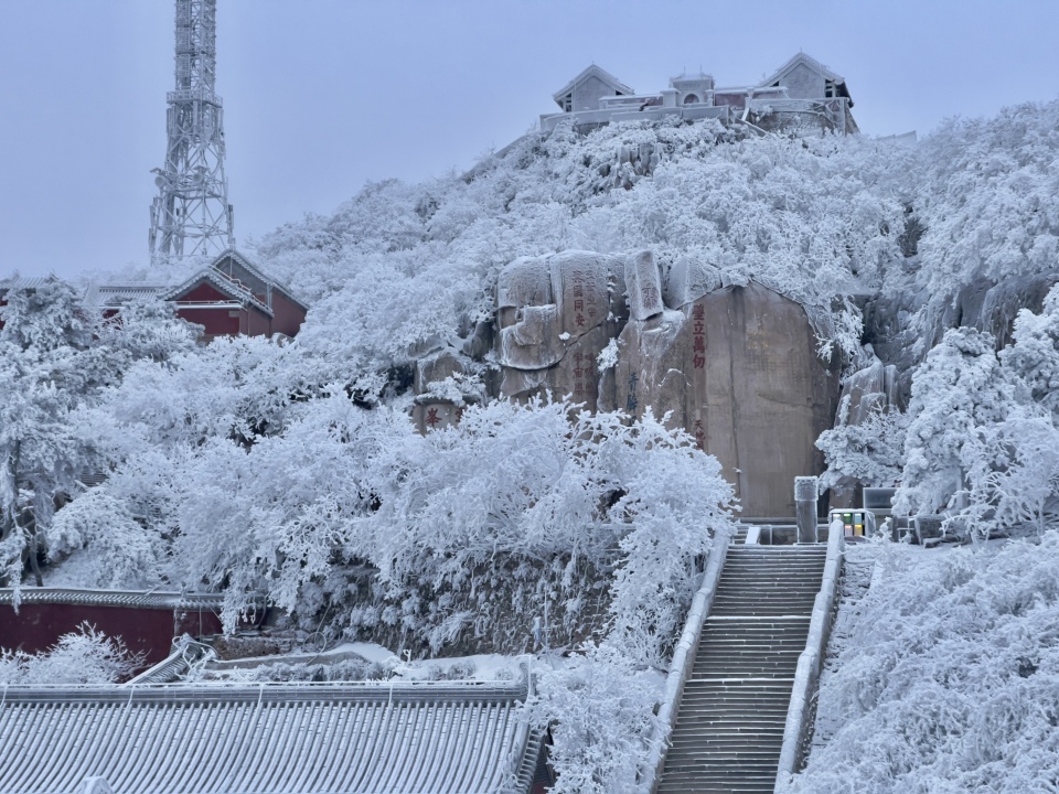 山东泰安：雪后泰山披银装 铲冰除雪保畅通