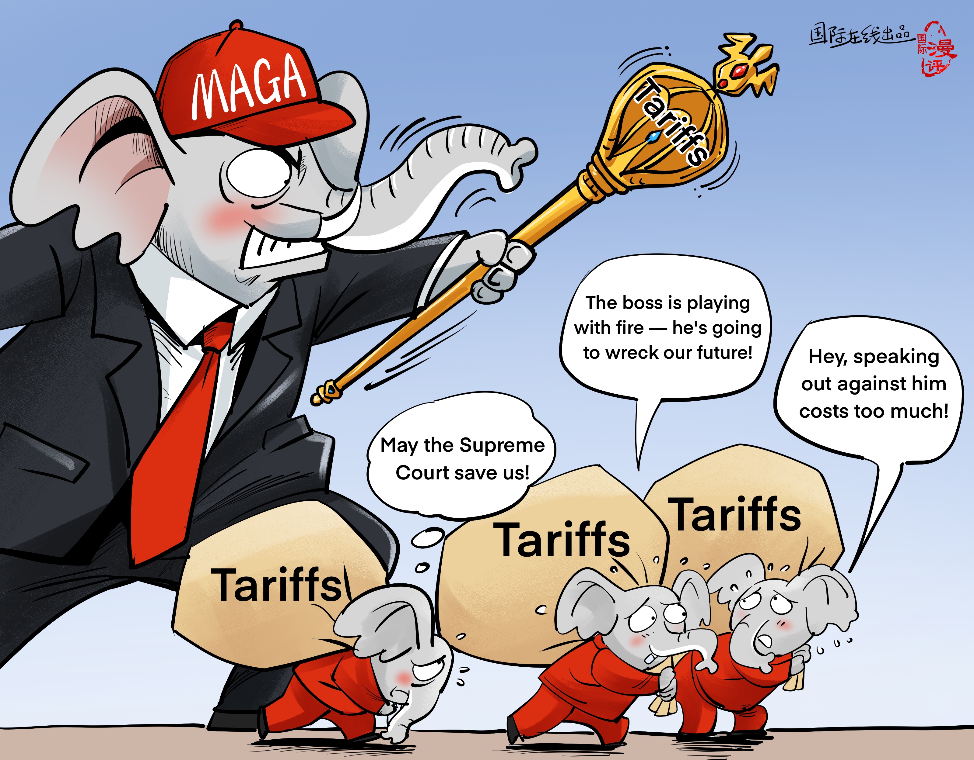 【Editorial Cartoon】Even His Own Party Can't Take It Anymore_fororder_英语【国际漫评】自己人也hold不住了