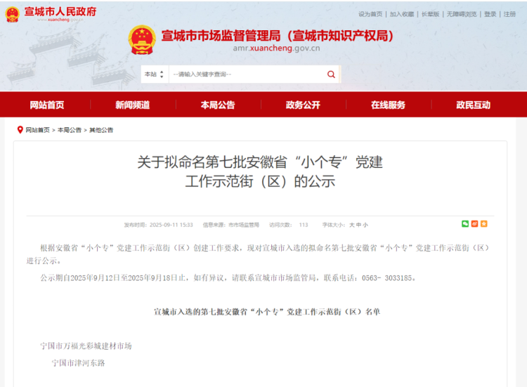 筑梦光彩 跟党创业！宁国万福光彩城建材市场荣获第七批安徽省“小个专”党建工作示范街（区）_fororder_W020250918367478139138
