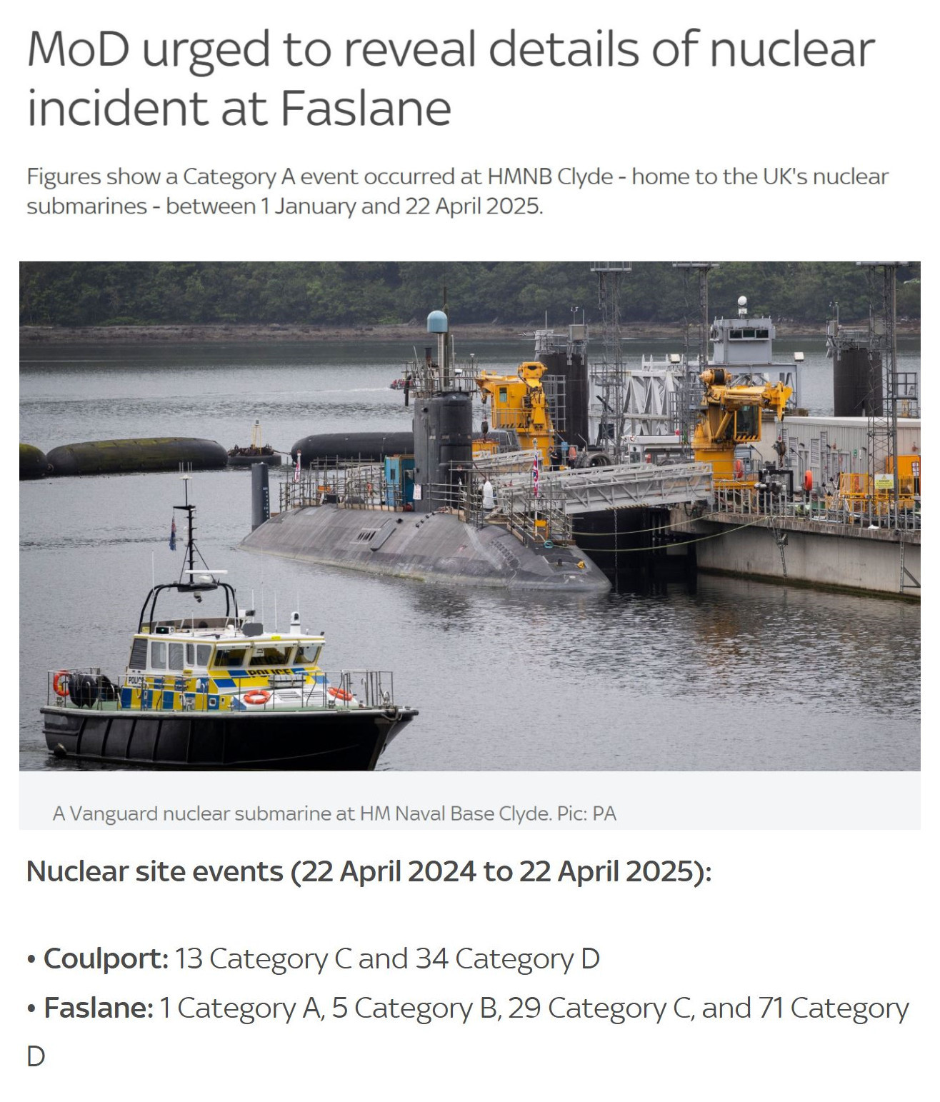 英国海军基地“严重核事故”引发担忧