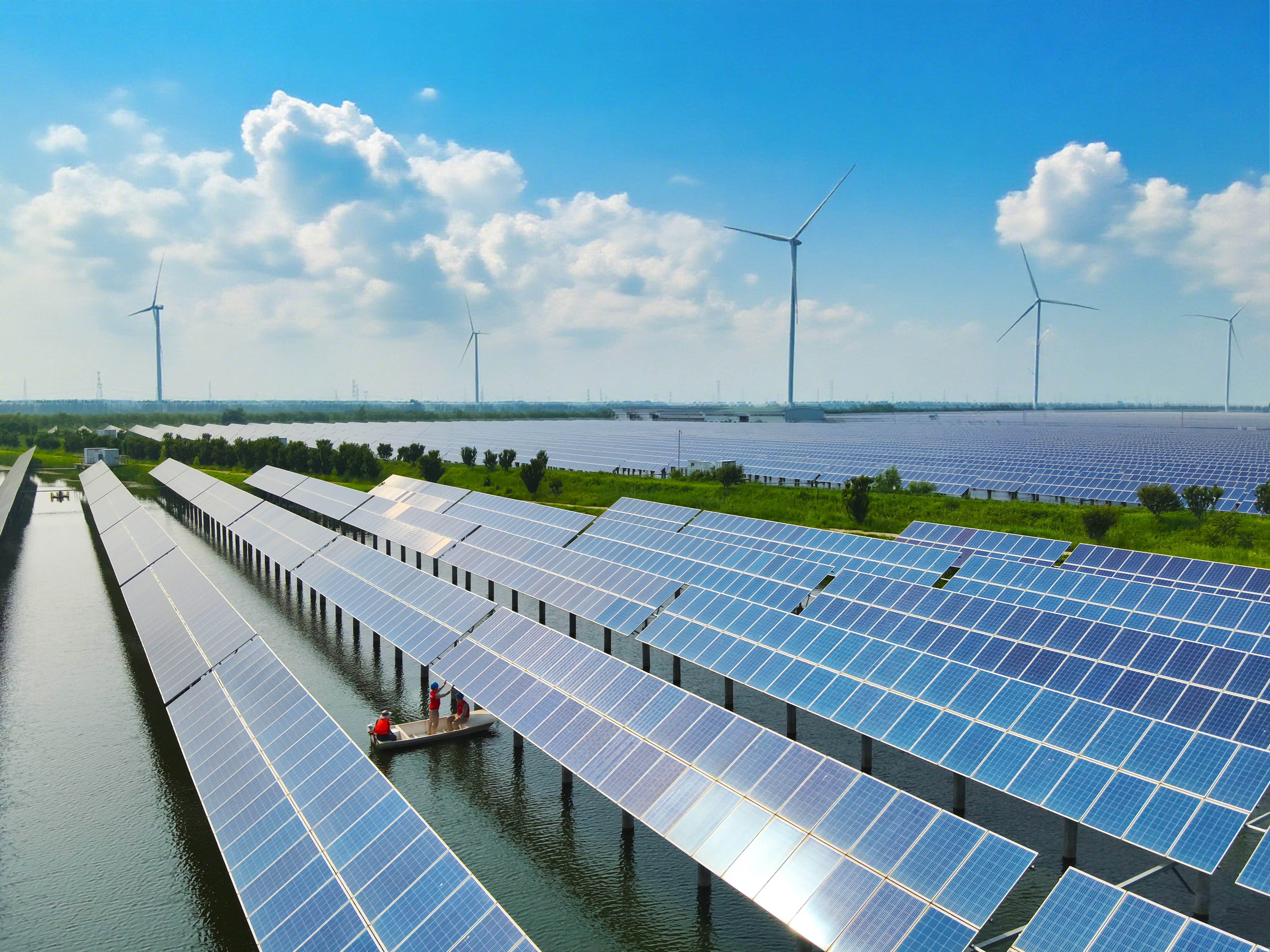 风光点亮上合 ——上合组织峰会首次实现全绿色用能_fororder_8月12日，国网天津宁河公司员工在东棘坨镇一处“渔光互补”光伏发电场巡检。1