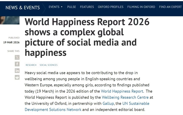 《全球幸福指数报告》发布 社交媒体影响青少年幸福感引关注