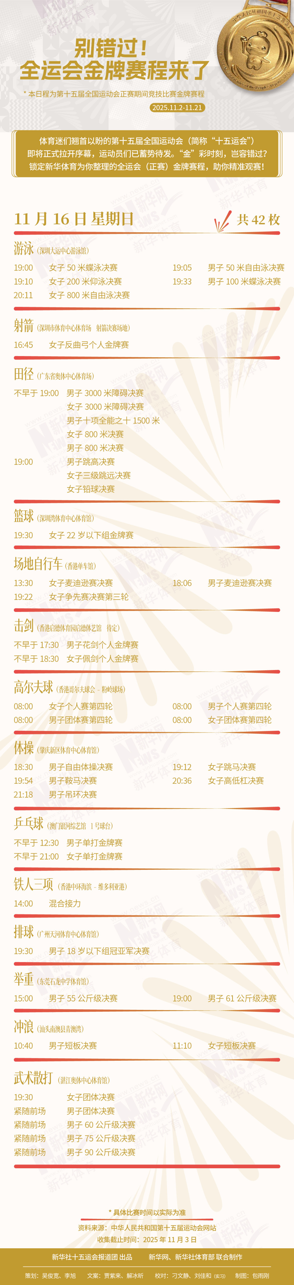 别错过！这届全运会金牌赛程来了