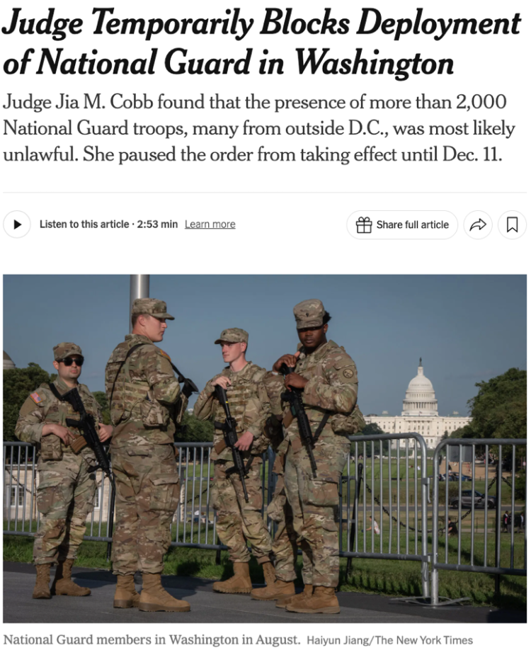 北美观察丨法官叫停“首都驻军” 白宫“派兵治城”遭全国司法围堵