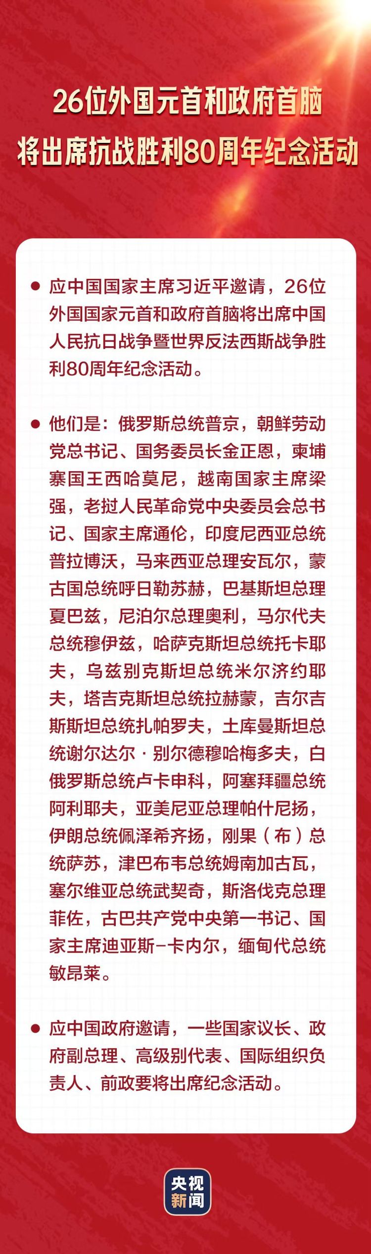 名单公布！这些外国国家元首和政府首脑将出席抗战胜利80周年纪念活动
