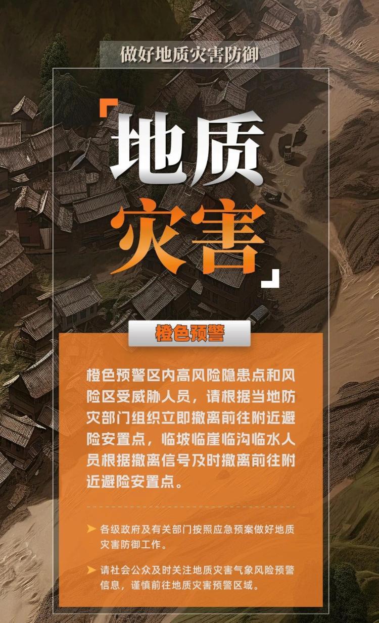 自然资源部与中国气象局联合发布地质灾害橙色预警