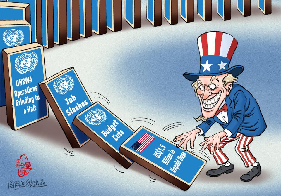 【International Editorial Cartoon】One Default Shakes the Whole System_fororder_“欠”一发而动全身（英）