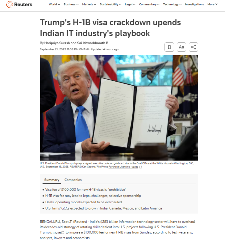 全球媒体聚焦 | 路透社：美国签证费用新规或将重塑“服务经济的新世界秩序”
