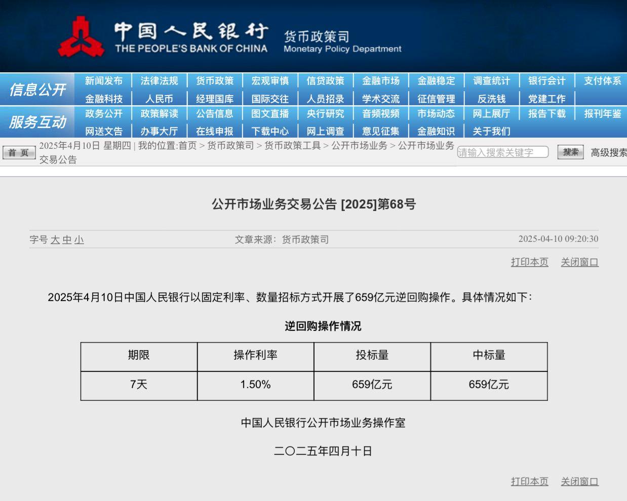 央行公开市场开展659亿元7天期逆回购操作