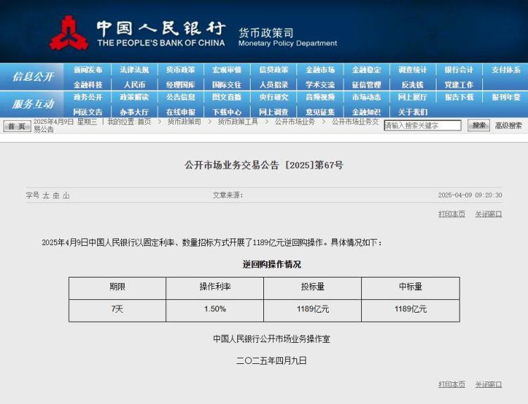 央行公开市场开展1189亿元7天期逆回购操作