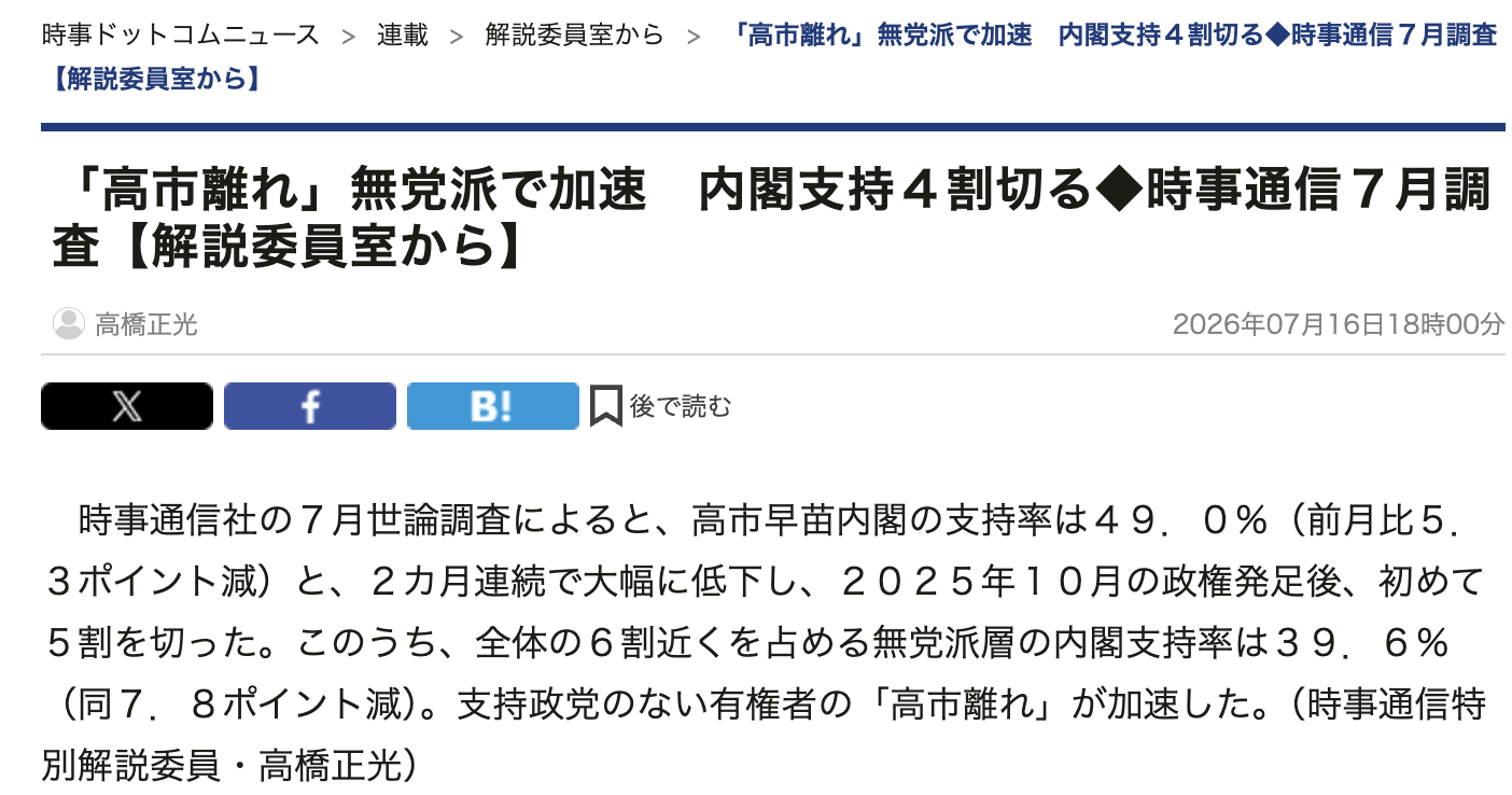 闪评|高市内阁支持率为何跌跌不休