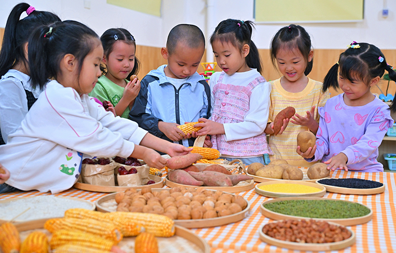 眉山仁寿：识五谷 惜粮食_fororder_2025年10月15日，四川省眉山市仁寿县城北幼儿园开展“珍惜粮食”主题教育活动，小朋友在剥玉米。05