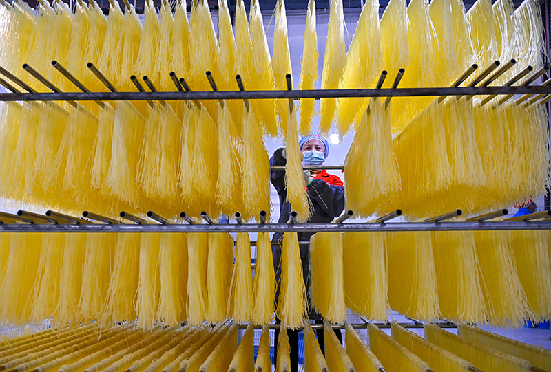 眉山仁寿：粉条加工助农增收_fororder_2025年4月2日，在位于四川省眉山市仁寿县文宫镇的蜀仁食品有限公司粉条生产车间，工人们正在整理烘干后的粉条。图4-(2)